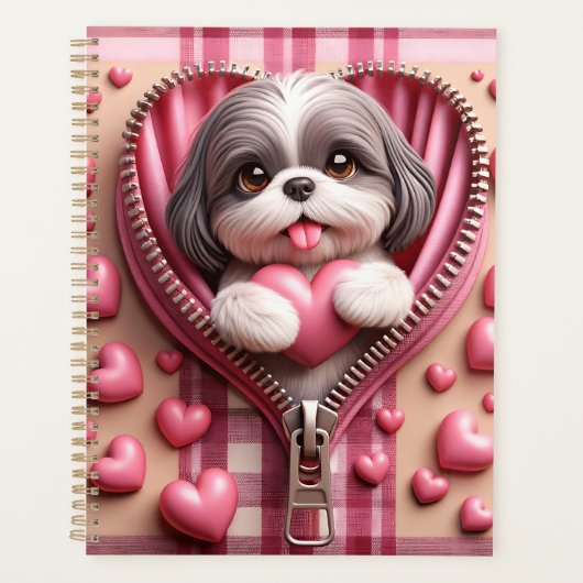 Schattigee 3D Shih Tzu op een roze en witte achter Planner (Voorkant)