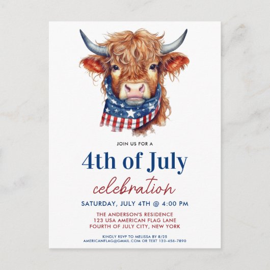 Schattigee 4 juli rood wit blauw patriottische Koe Uitnodiging Briefkaart (Voorkant)