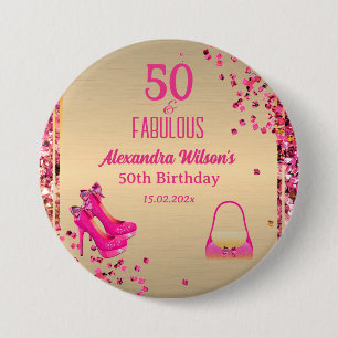 Schattigee 50 & Fabulous High Heels Gold Hot Pink Ronde Button 7,6 Cm