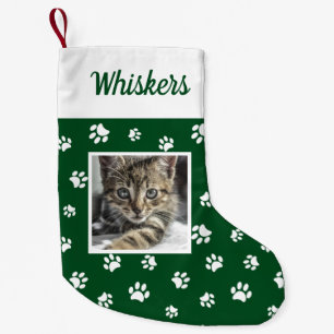 Schattigee aangepaste kattenfoto naam groene witte kleine kerstsok