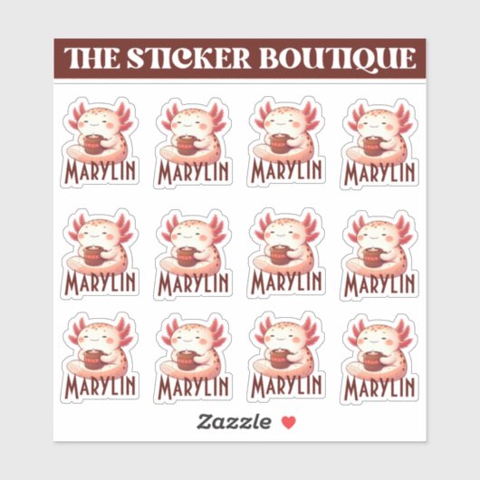 Schattigee aangepaste naam Cozy Axolotl Coffee Sti Sticker (Vel)