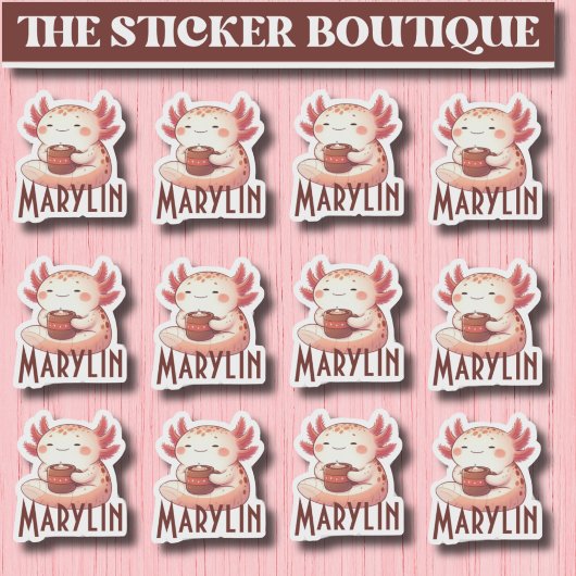 Schattigee aangepaste naam Cozy Axolotl Coffee Sti Sticker