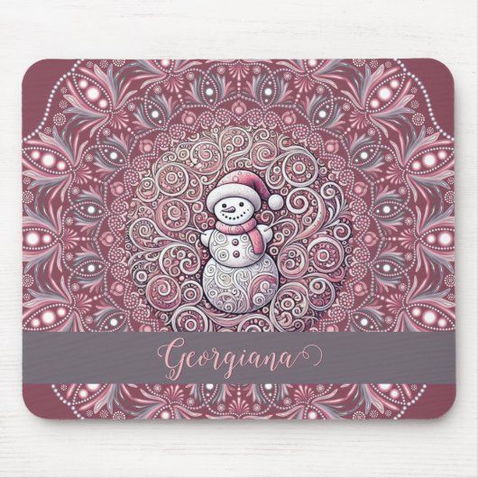 Schattigee aangepaste naam Whimsical Pink Snowman Muismat (Voorkant)