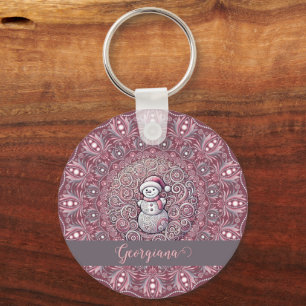 Schattigee aangepaste naam Whimsical Pink Snowman  Sleutelhanger