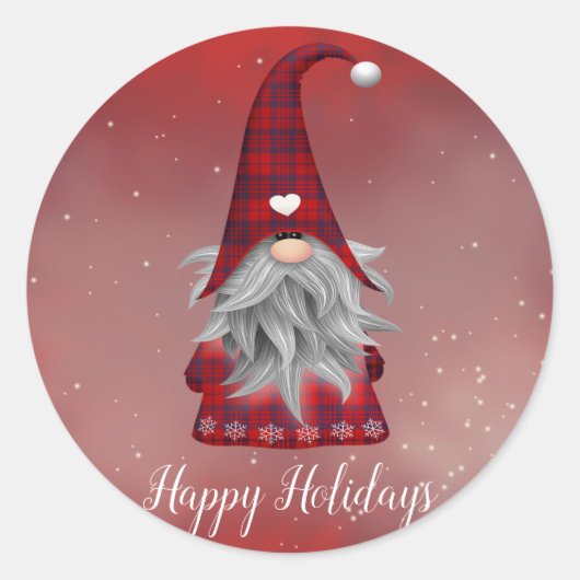 Schattigee aangepaste tekst Red Plaid Gnome Red Ho Ronde Sticker (Voorkant)