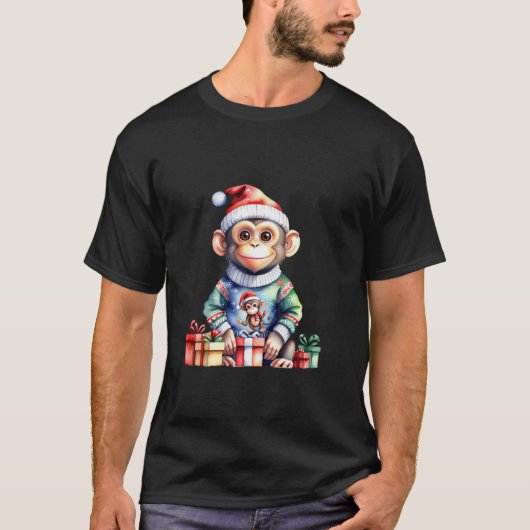 Schattigee aap in kerstmuts wintersneeuwvlam t-shirt (Voorkant)