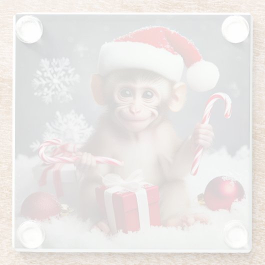 Schattigee aap met een kerstmuts glazen onderzetter (Achterkant)