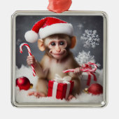 Schattigee aap met een kerstmuts metalen ornament (Voorkant)
