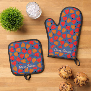 Schattigee Aardbei Bloemen Rood Sinaasappel Blauw Ovenwant & Pannenlap Set