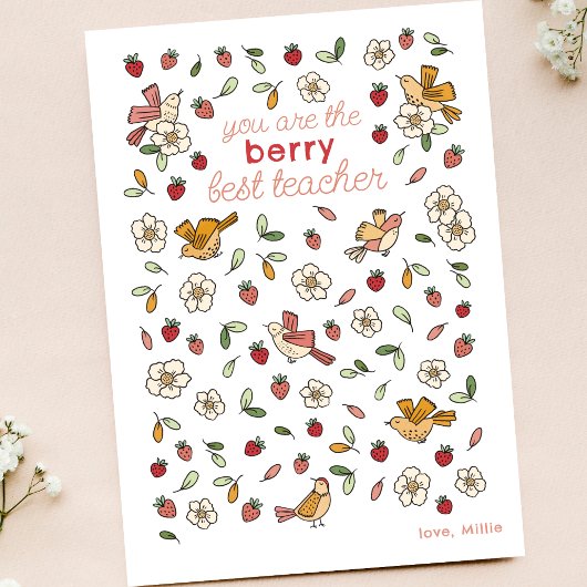 Schattigee aardbeien en vogels Leraar Waardering Bedankkaart
