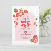 Schattigee aardbeienbes Eerste 1e Verjaardag Kaart (Staand voorkant)