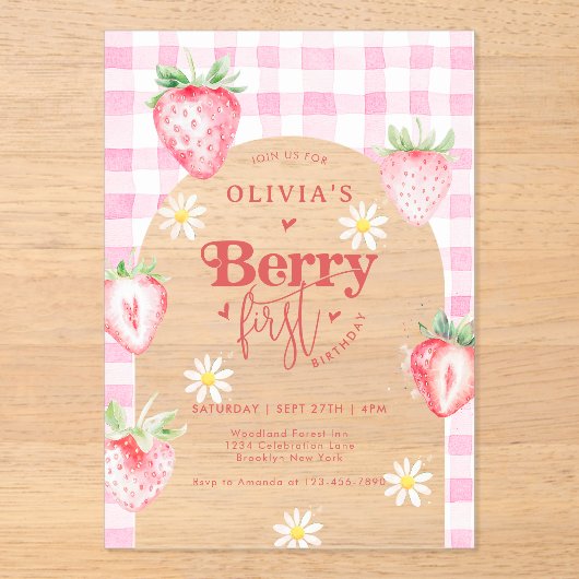 Schattigee aardbeienfruit Daisy Berry eerste verja Acryl Uitnodigingen (Voorkant)