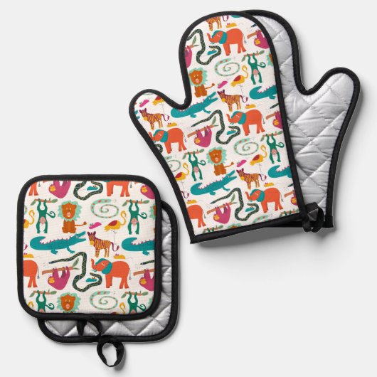 Schattigee Abstracte Dieren Kinder Patroon Ovenwant & Pannenlap Set (Voorkant / Achterkant)