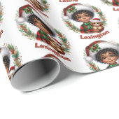 Schattigee Afro-Amerikaanse jongen en puppy kerst Cadeaupapier (Rol Hoek)