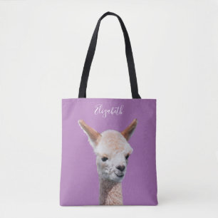 Schattigee alpaca, gepersonaliseerde naam, lavende draagtas