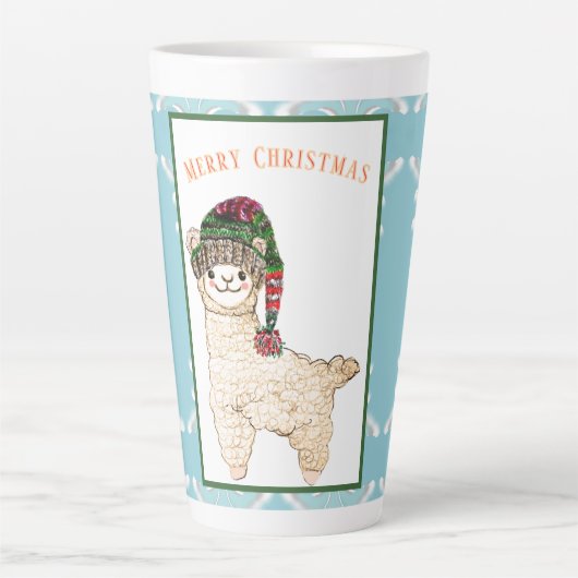 Schattigee alpaca met feestelijk pet latte mok (Voorkant)