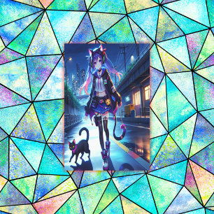 Schattigee anime gamer meisje & kat Extra groot Canvas Afdruk
