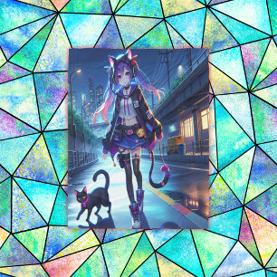 Schattigee anime gamer meisje & kat   Groot Fleece Deken