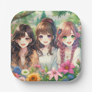 Schattigee Anime Girls Verjaardagsfeestje Papieren Bordje