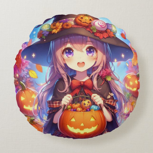 Schattigee anime Halloween Witch Rond Kussen (Voorkant)