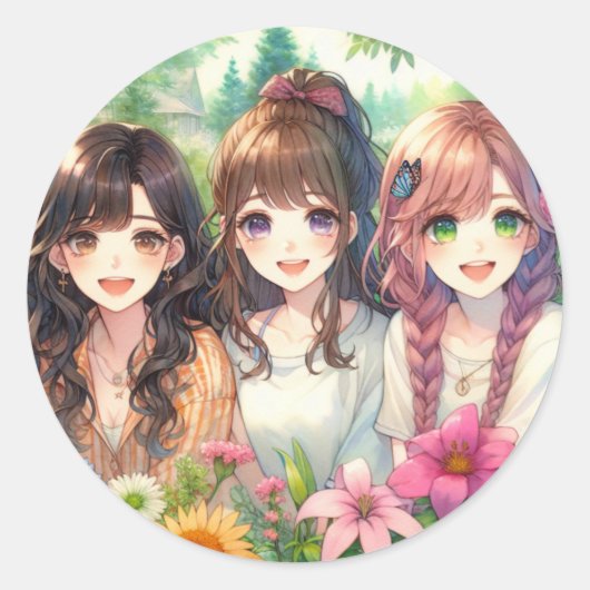 Schattigee anime meisjes ronde sticker (Voorkant)