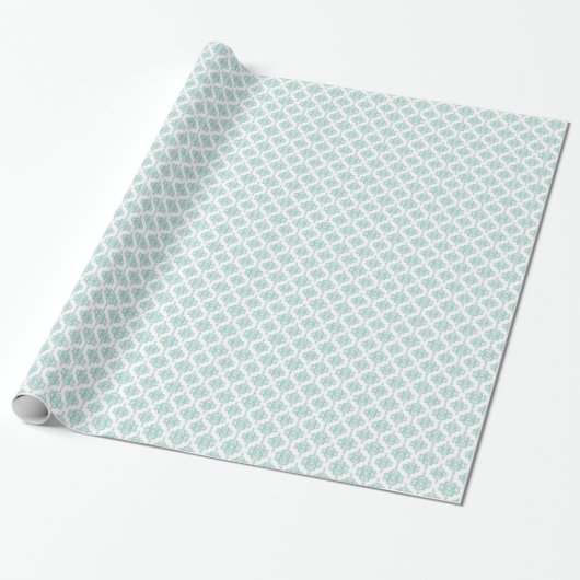 Schattigee Aqua en witte  Damask Pattern Cadeaupapier (Uitgerold)
