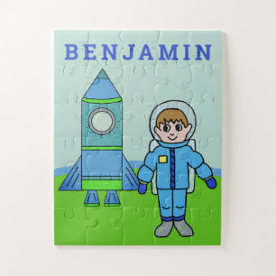 Schattigee astronautenjongen en raket met naam legpuzzel