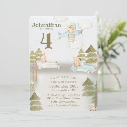 Schattigee auto's en dieren in het park kaart (Staand voorkant)