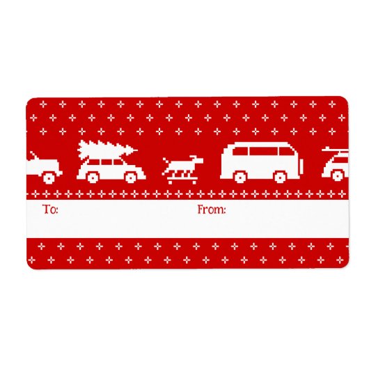 Schattigee auto's Kerstvakantie Rood en Wit Naar V Etiket (Voorkant)