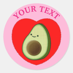 Schattigee avocado tekening met roze tekst en acht ronde sticker