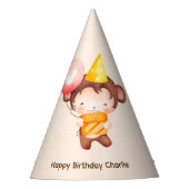 Schattigee Baby aap met ballon en taart, Verjaarda Feesthoedjes (Voorkant)