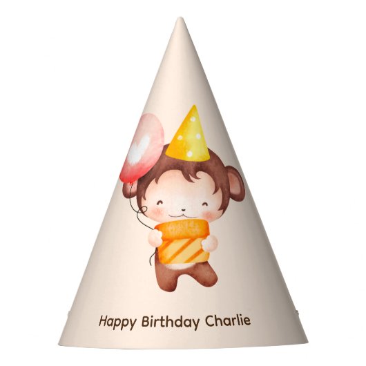 Schattigee Baby aap met ballon en taart, Verjaarda Feesthoedjes (Voorkant)