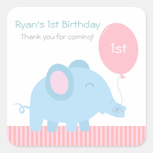 Schattigee baby blauwe olifant met een roze ballon vierkante sticker (Voorkant)