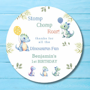 Schattigee Baby Boy Blue Dinosaurus 1e Verjaardag Ronde Sticker