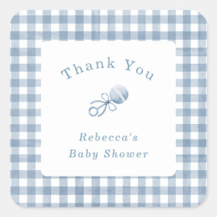 Schattigee Baby Boy Blue Gingham met Rattle Bedank Vierkante Sticker