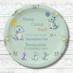 Schattigee Baby Boy Dinosaurus 1e Verjaardagsfeest Papieren Bordje