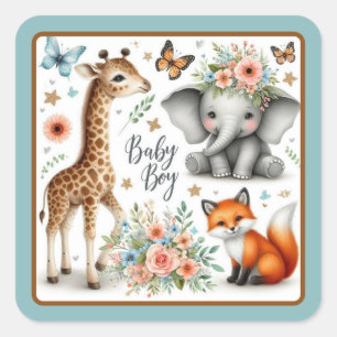 Schattigee Baby Boy Olifant, Vos en Giraffe Vierkante Sticker