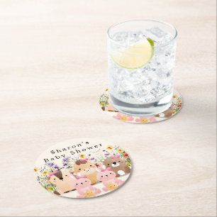 Schattigee Baby Dieren & Wildflower Baby shower Ronde Kartonnen Onderzetter