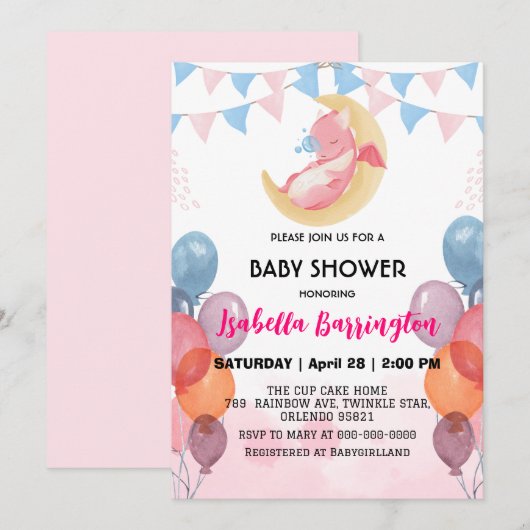 Schattigee baby draak dinosaurus ballon meisje bab kaart (Voorkant / Achterkant)