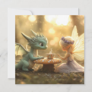 Schattigee Baby Dragon en Fairy Genieten van Thee Feestdagenkaart