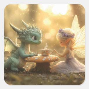 Schattigee Baby Dragon en Fairy Genieten van Thee Vierkante Sticker