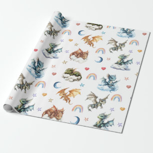 Schattigee Baby Dragon Waterverf Clouds Night Cadeaupapier