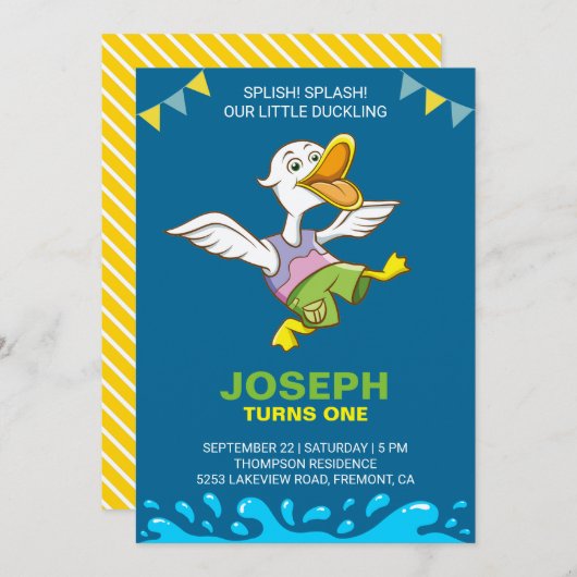 Schattigee Baby Duck eerste uitnodiging voor 1e ve (Voorkant / Achterkant)
