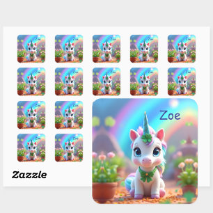 Schattigee baby eenhoorn en regenboog, meisjes ver vierkante sticker