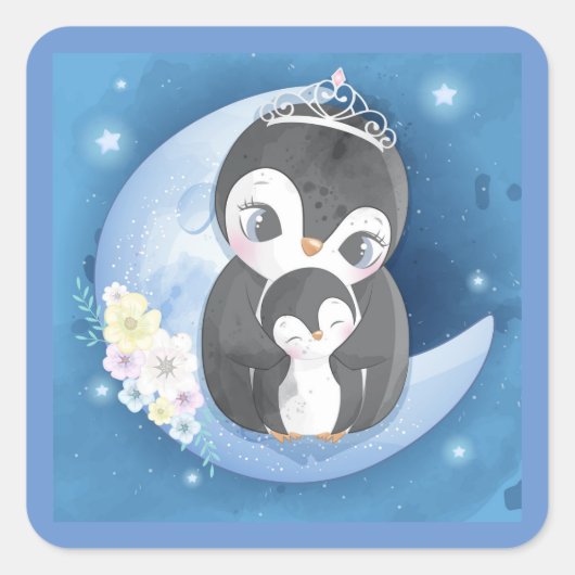 Schattigee Baby en pinguïn Vierkante Sticker (Voorkant)