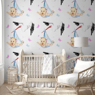 Schattigee Baby en Stork Funny Behang