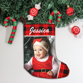 Schattigee Baby Foto en Naam Plaid Kleine Kerstsok