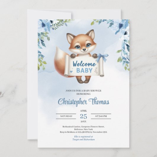 Schattigee baby fox met papieren banner zegt Welko Kaart (Voorkant)