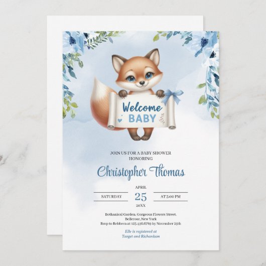 Schattigee baby fox met papieren banner zegt Welko Kaart (Voorkant / Achterkant)