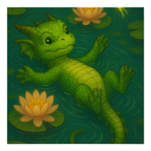 Schattigee baby Groene Bos Draak Puppy Ogen Zwemme Perfect Poster